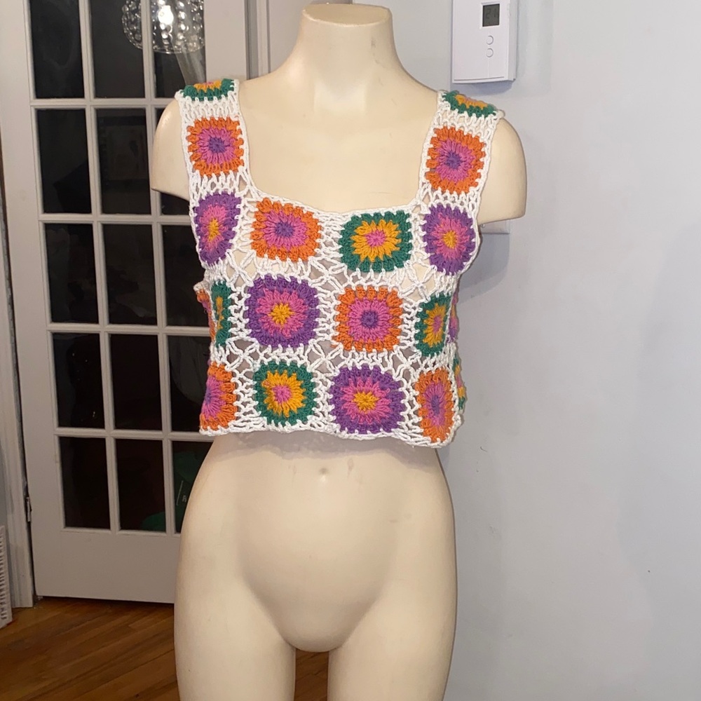 Malayerba Granny Square Cropped Top  Crochet Boho Style Hippie Festival size L